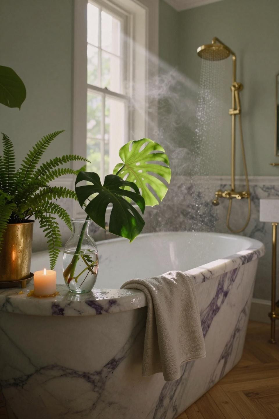 Luxury Bathroom Ideas - brass fixtures with plants