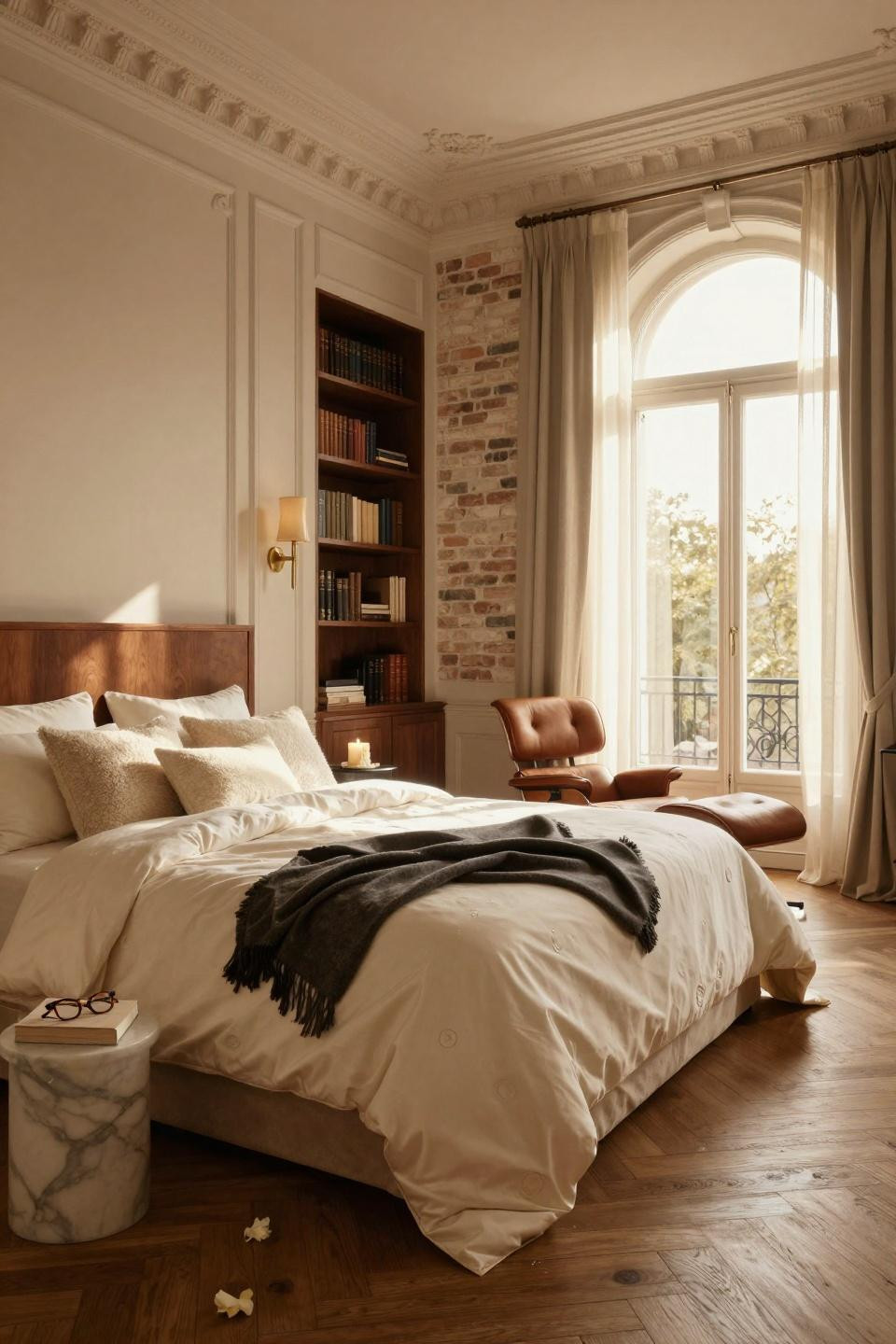 Luxury Bedroom Master with hand-carved walnut headboard in Parisian space