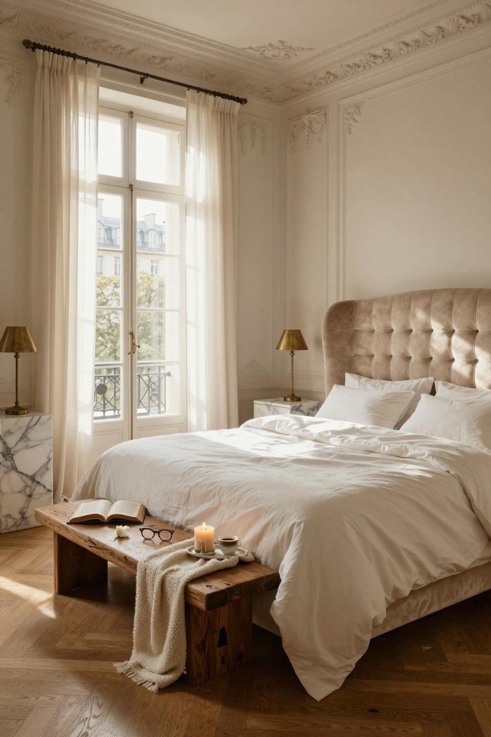 Luxury Bedroom Master with curved champagne velvet headboard