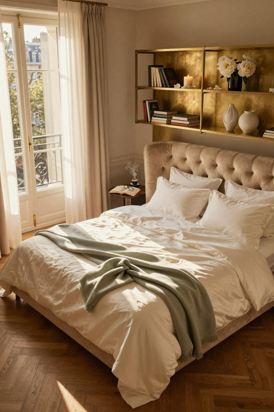 Luxury Bedroom Master with tufted linen headboard and walnut nightstands