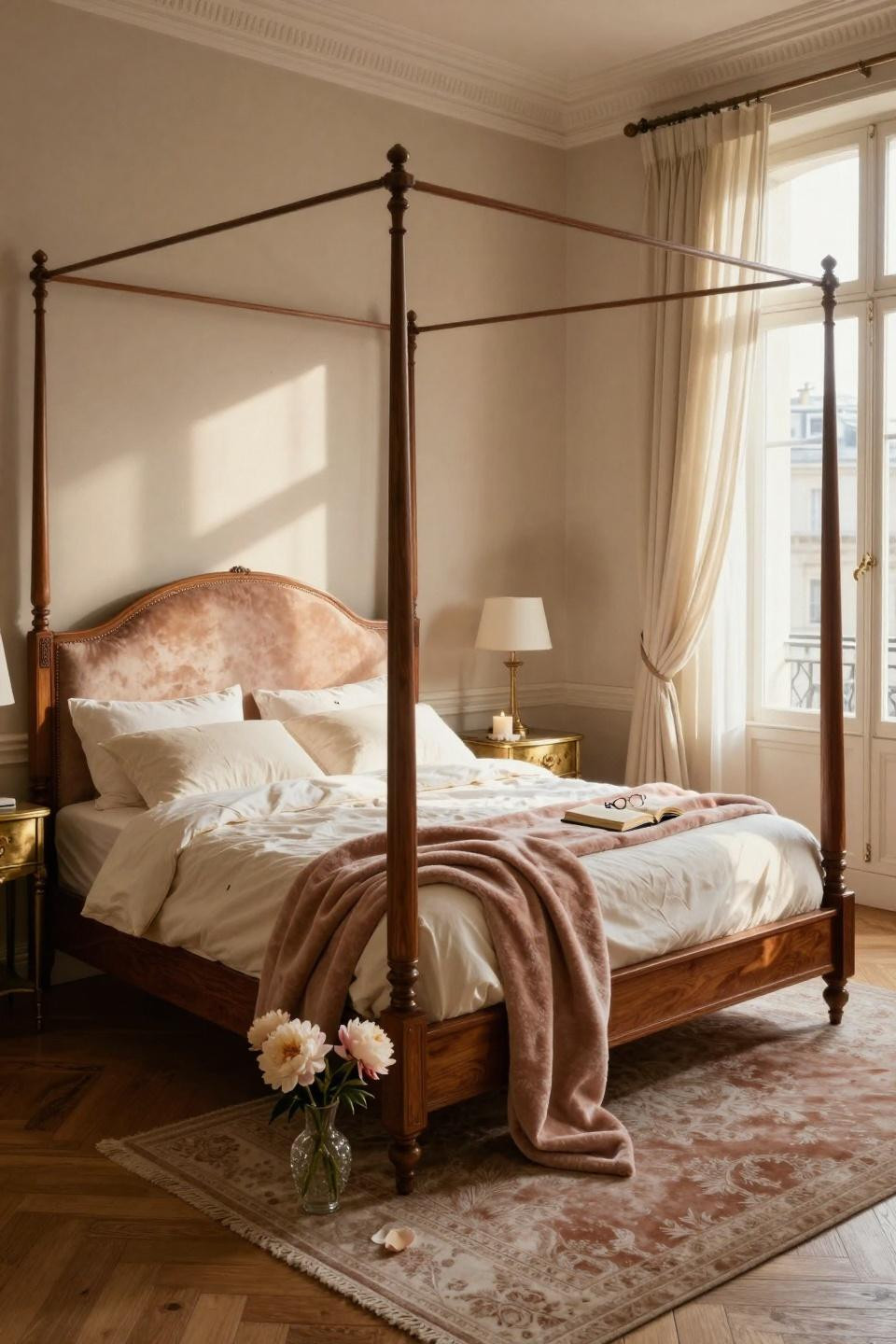 Luxury Bedroom Master featuring brass shelving and ivory silk bedding