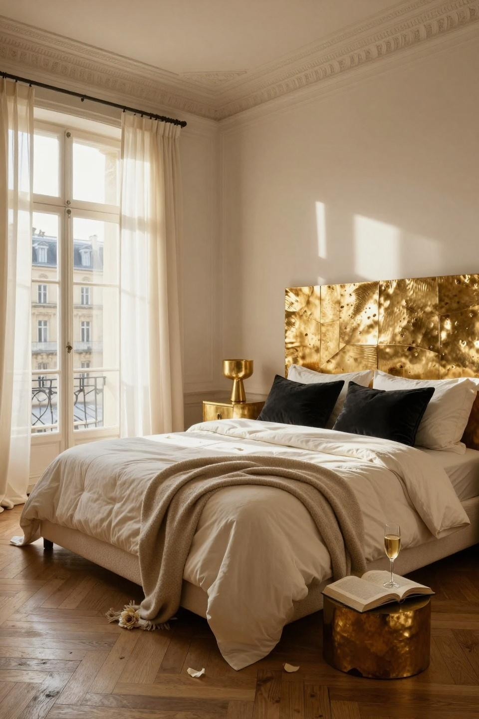 Luxury Bedroom Master featuring deep sapphire velvet headboard