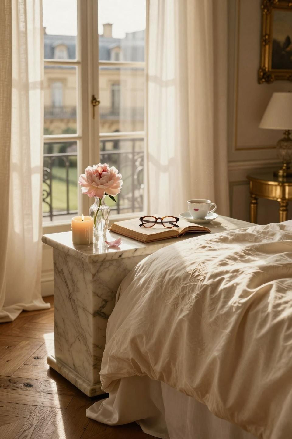 Unique bedroom design featuring marble nightstand and Italian bedding