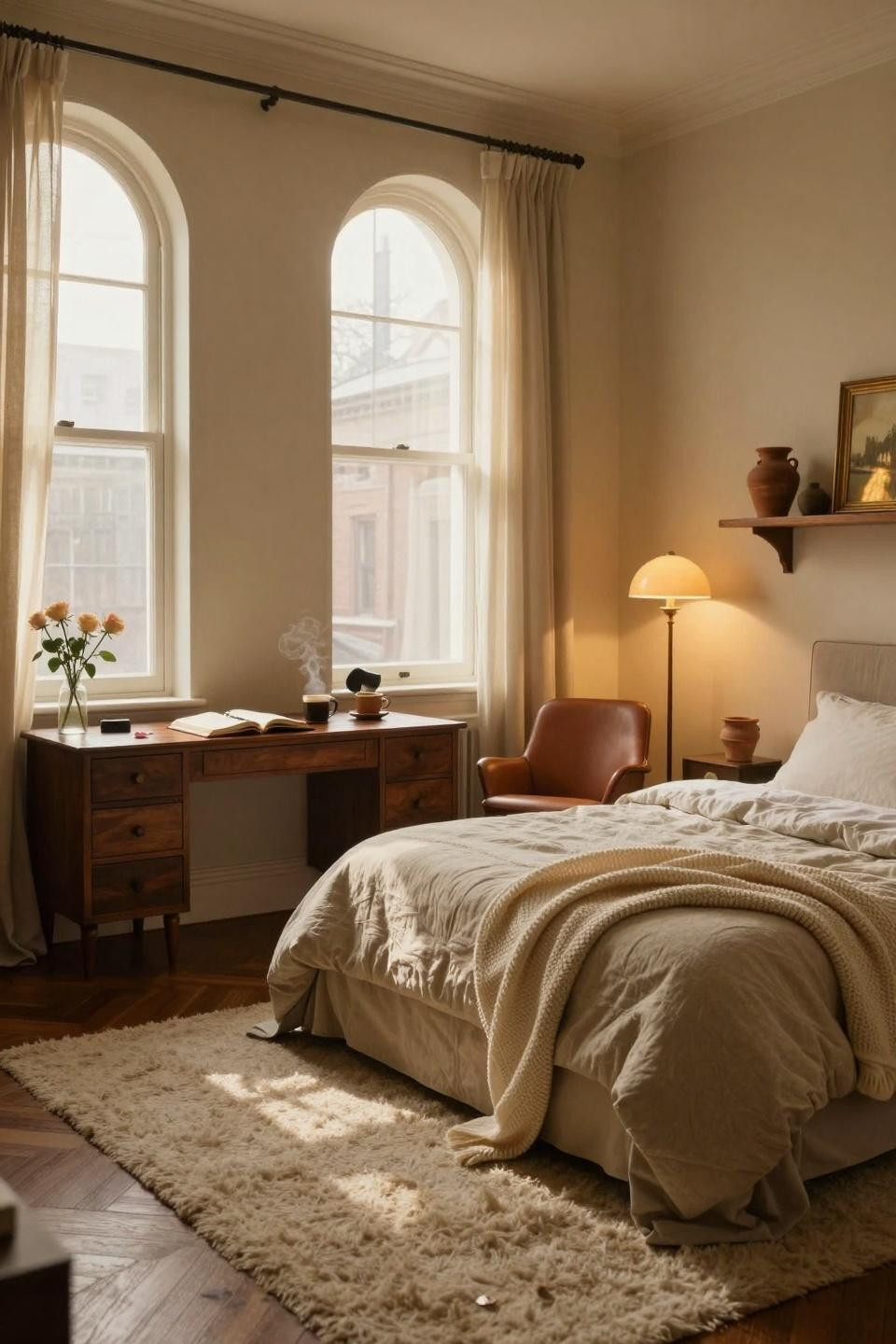Luxury Dorm Room - walnut desk with cognac leather reading chair