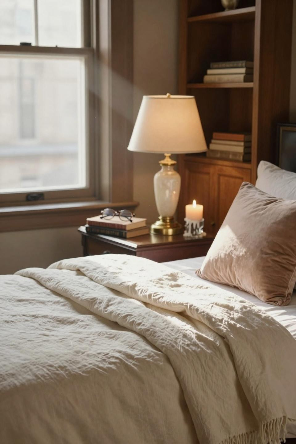 Luxury Dorm Room - brass and alabaster lamp with cashmere bedding