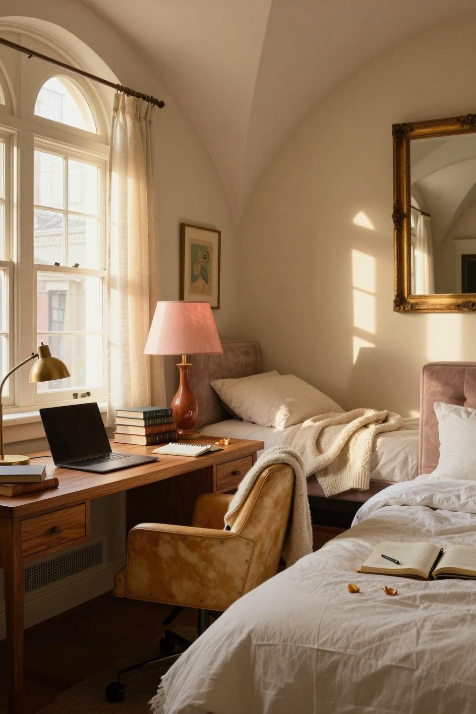 Luxury Dorm Room - dove velvet headboard with camel leather chair