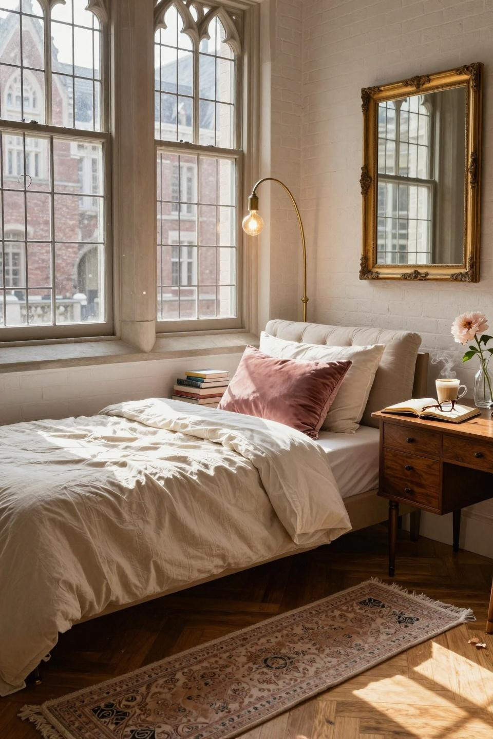 Luxury Dorm Room - ivory daybed with brass arc lamp and gilt mirror