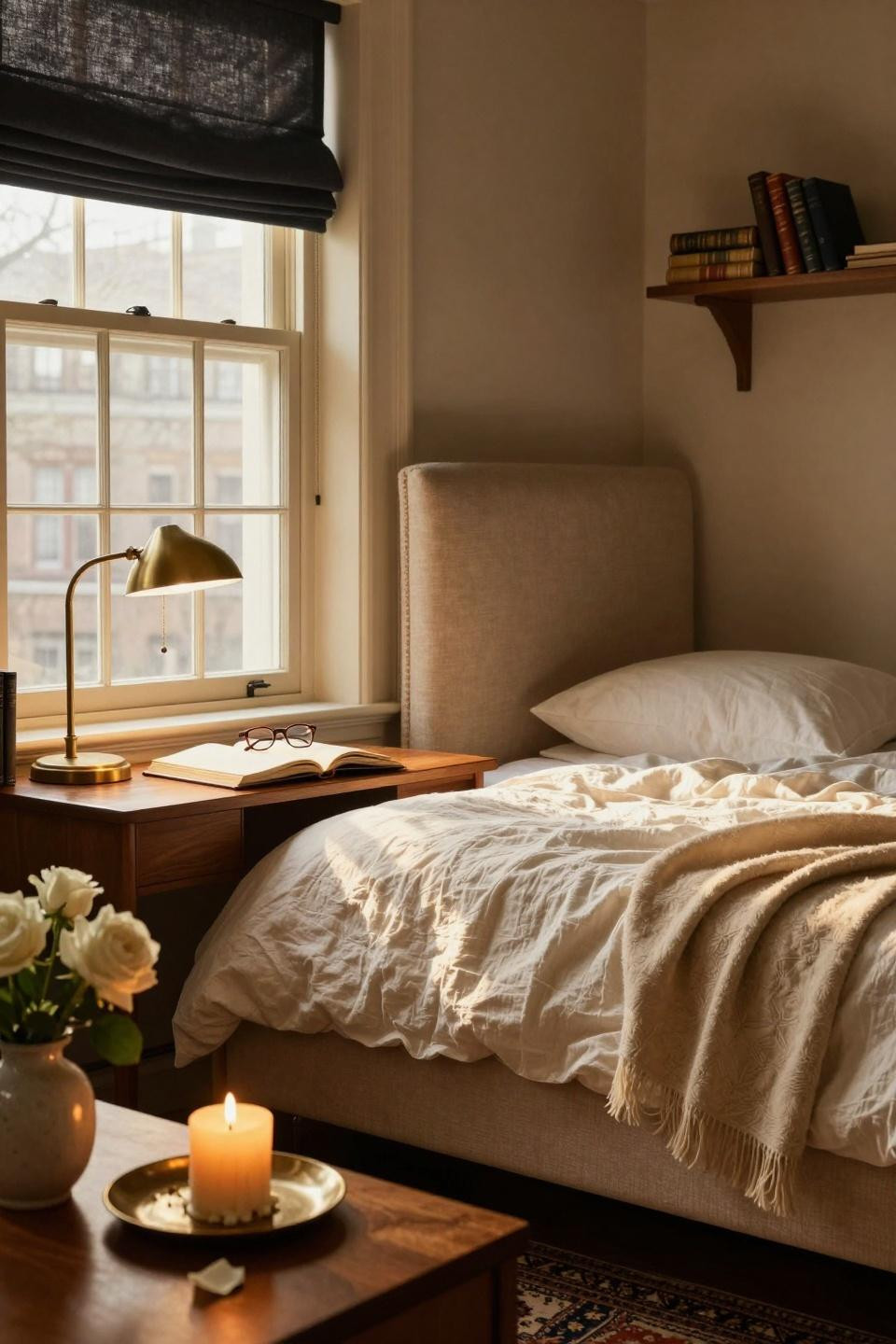 Luxury Dorm Room - floating oak desk with brass lamp