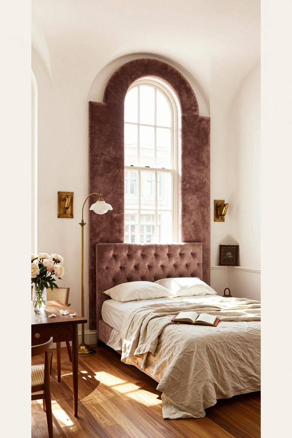 Luxury Dorm Room - mauve headboard with brass sconces