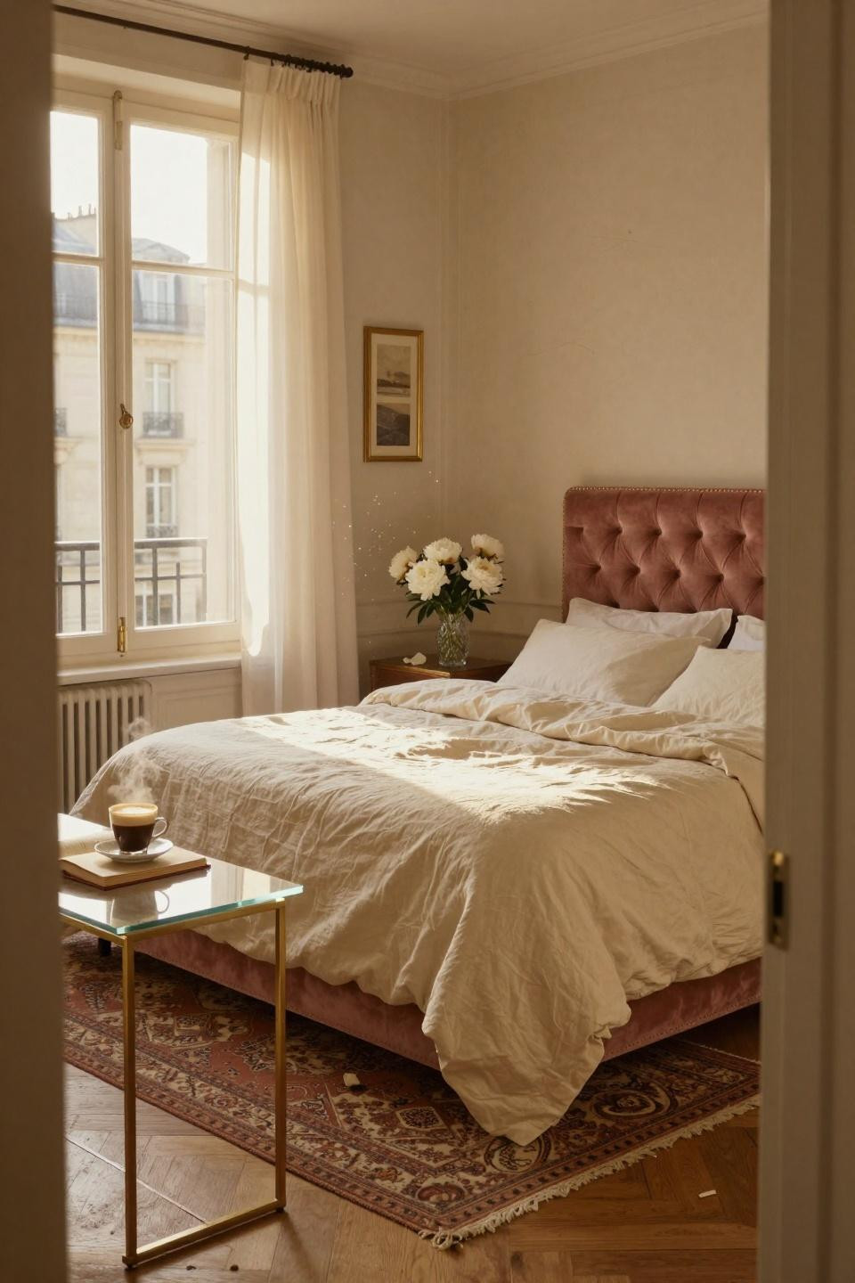 Luxury Dorm Room - dusty rose headboard with brass nailhead trim