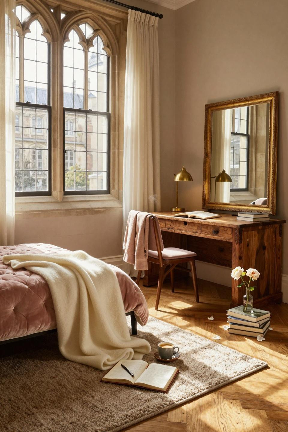 Luxury Dorm Room - cream and blush daybed with gilt mirror