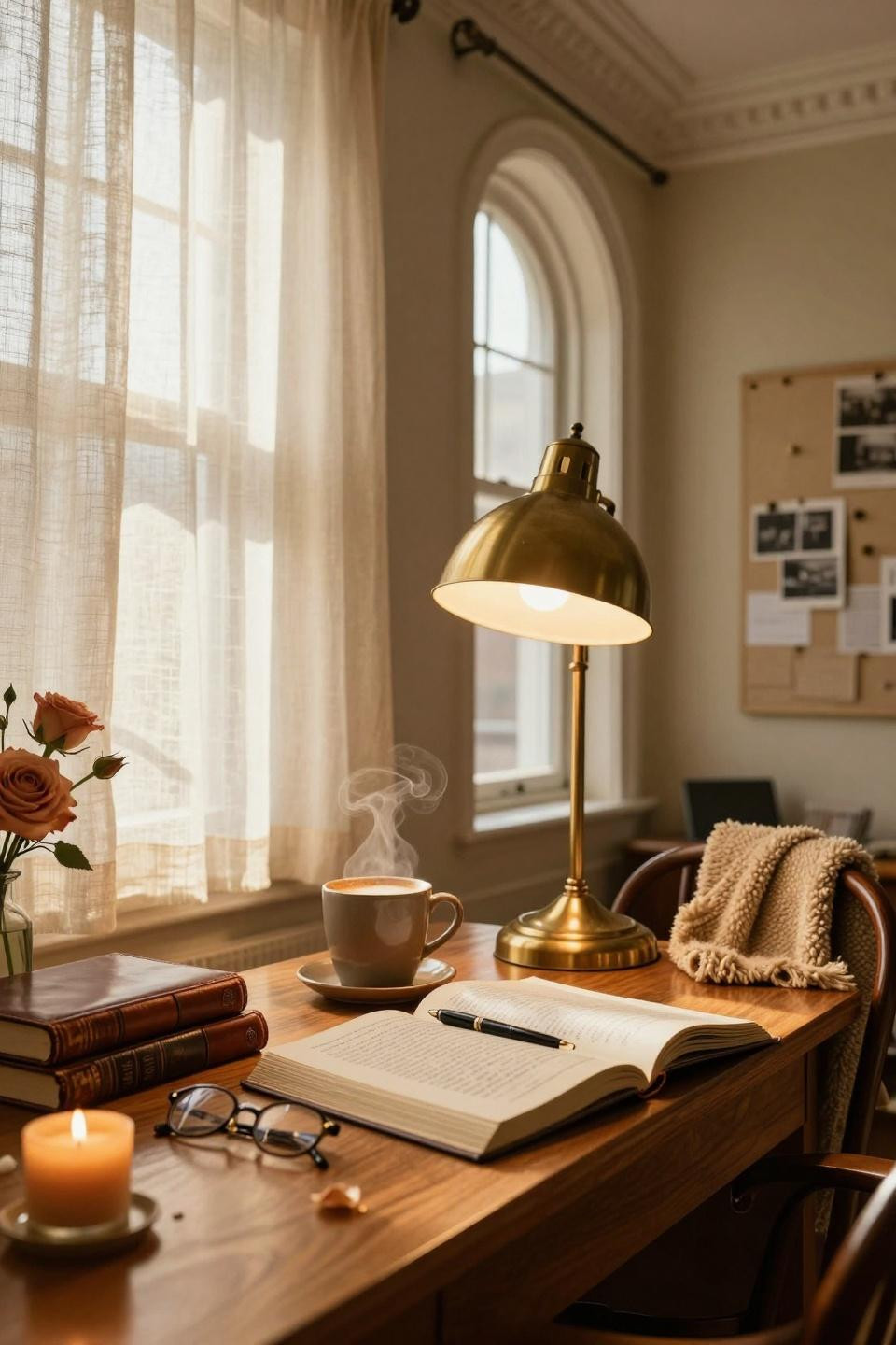Dorm Room Ideas - walnut desk corner with brass pharmacy lamp