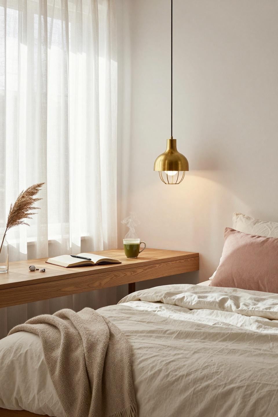 Luxury Dorm Room - minimal white room with brass pendant lamp