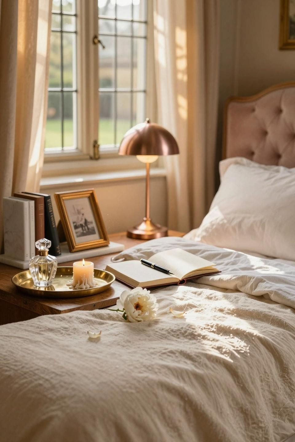 Luxury Dorm Room - velvet headboard with brass vanity tray