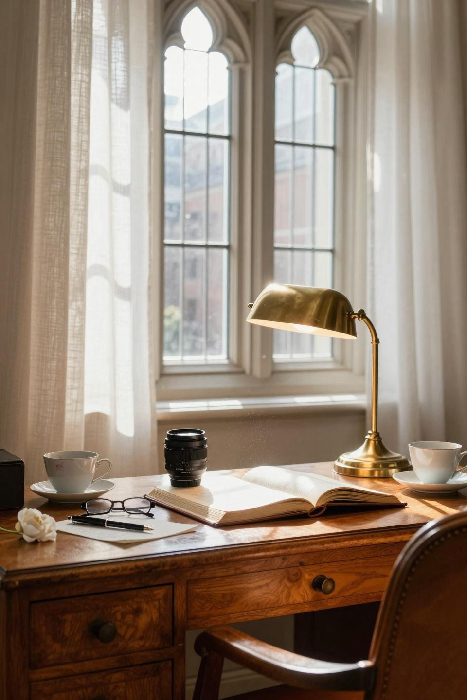Luxury Dorm Room - oak desk with brass lamp and open journal