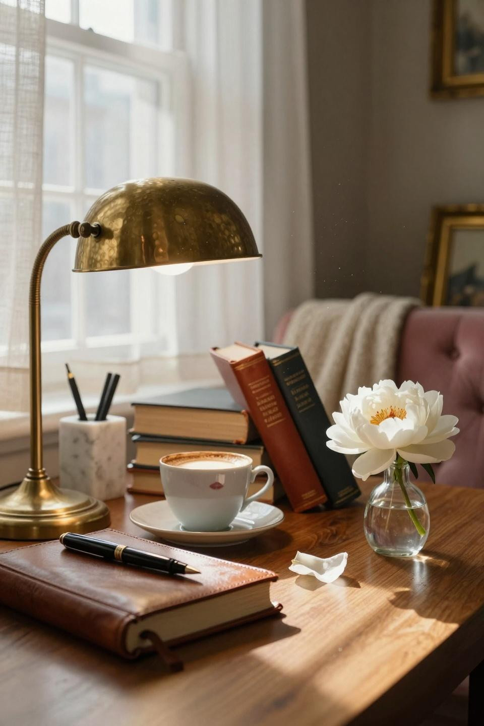 Luxury Dorm Room - brass desk lamp with leather journal and coffee