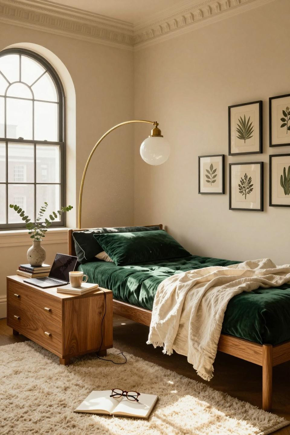 Luxury Dorm Room - emerald velvet daybed with brass arc lamp