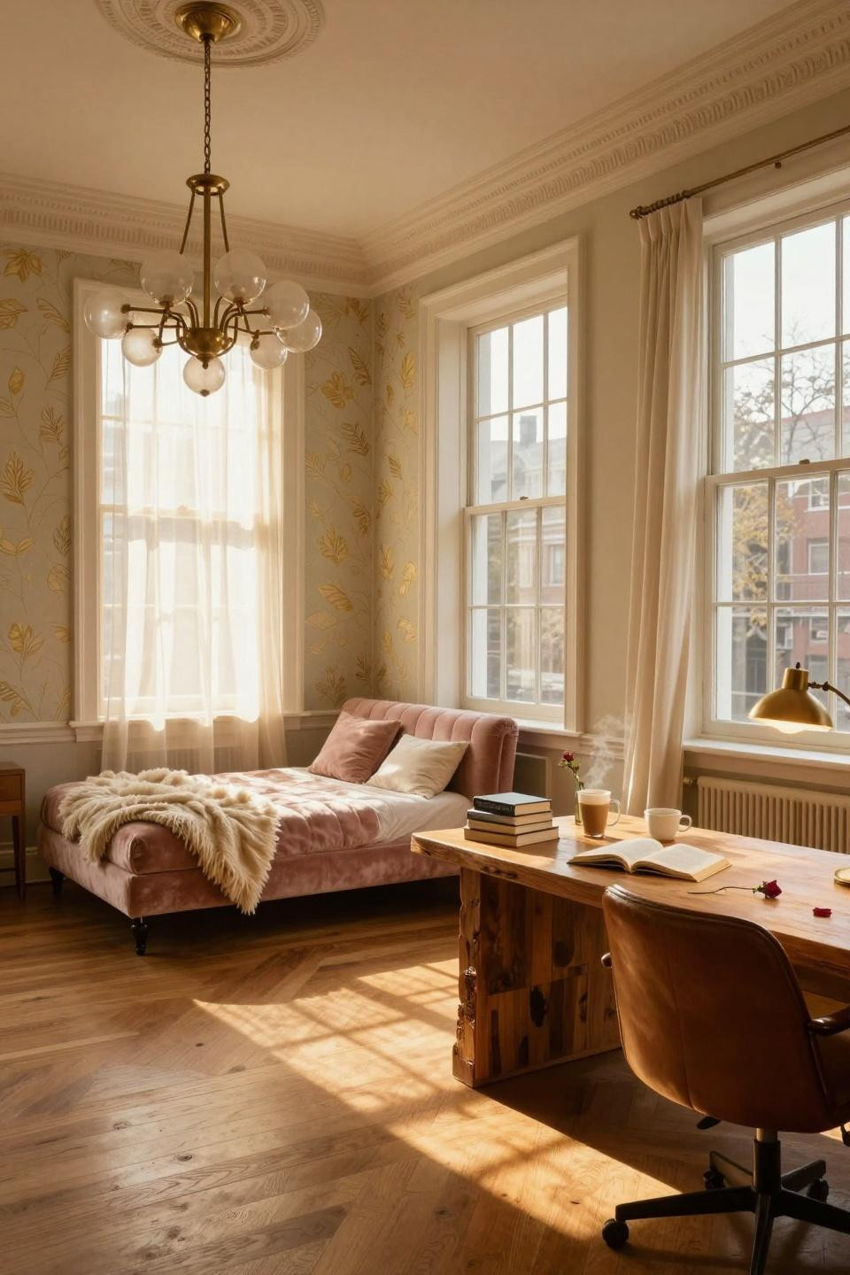Luxury Dorm Room - historic residence hall with velvet daybed and brass lighting