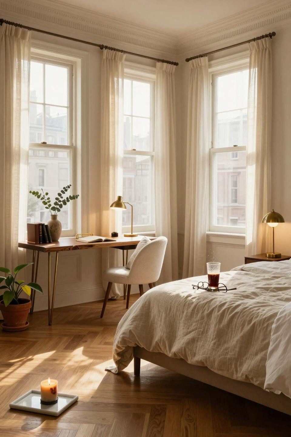 Dorm Room Ideas - honey oak floating desk with trailing plants