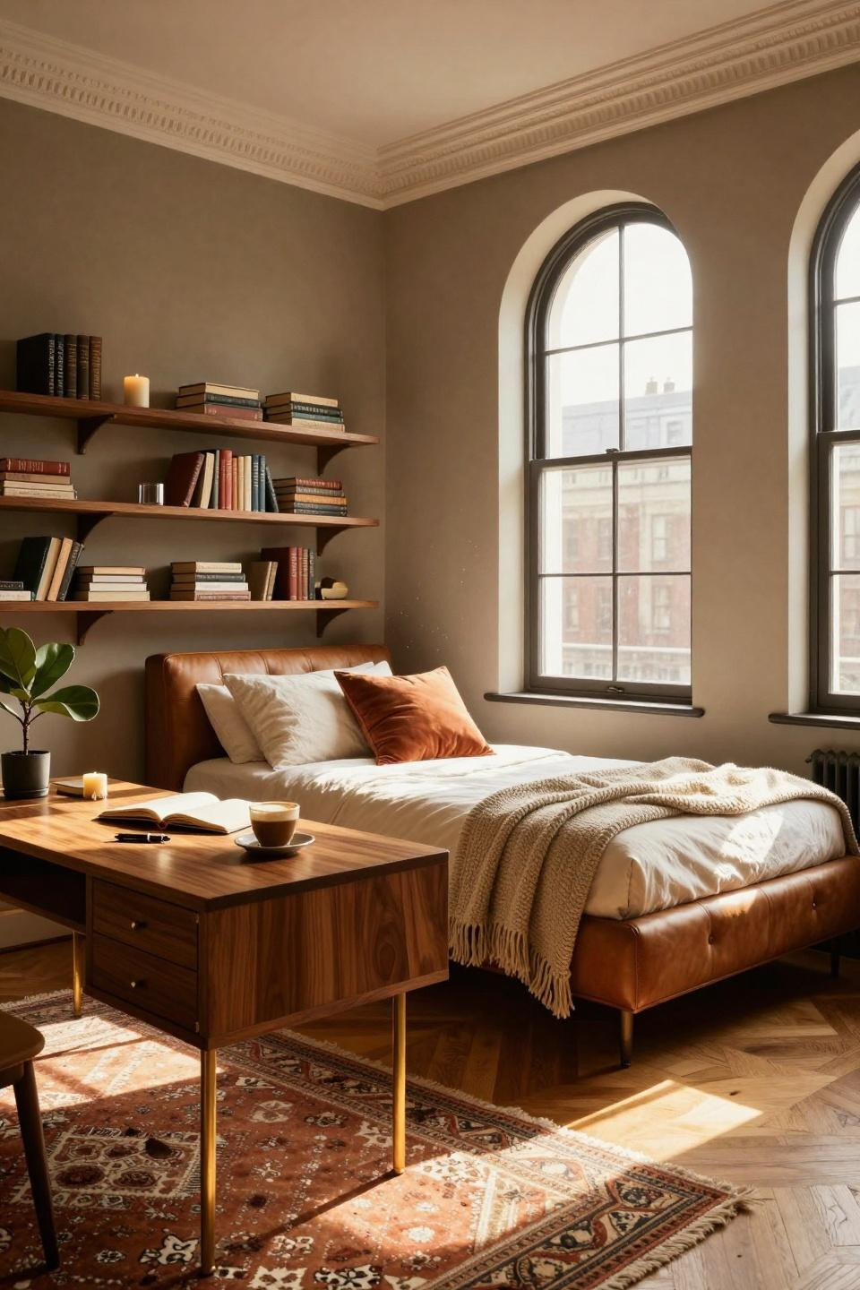 Dorm Room Ideas - walnut desk with leather tufted seating