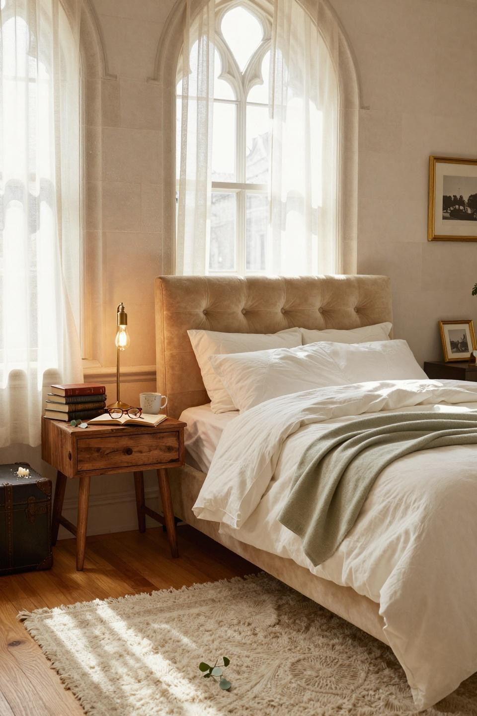 Dorm Room Ideas - tufted velvet headboard in warm camel