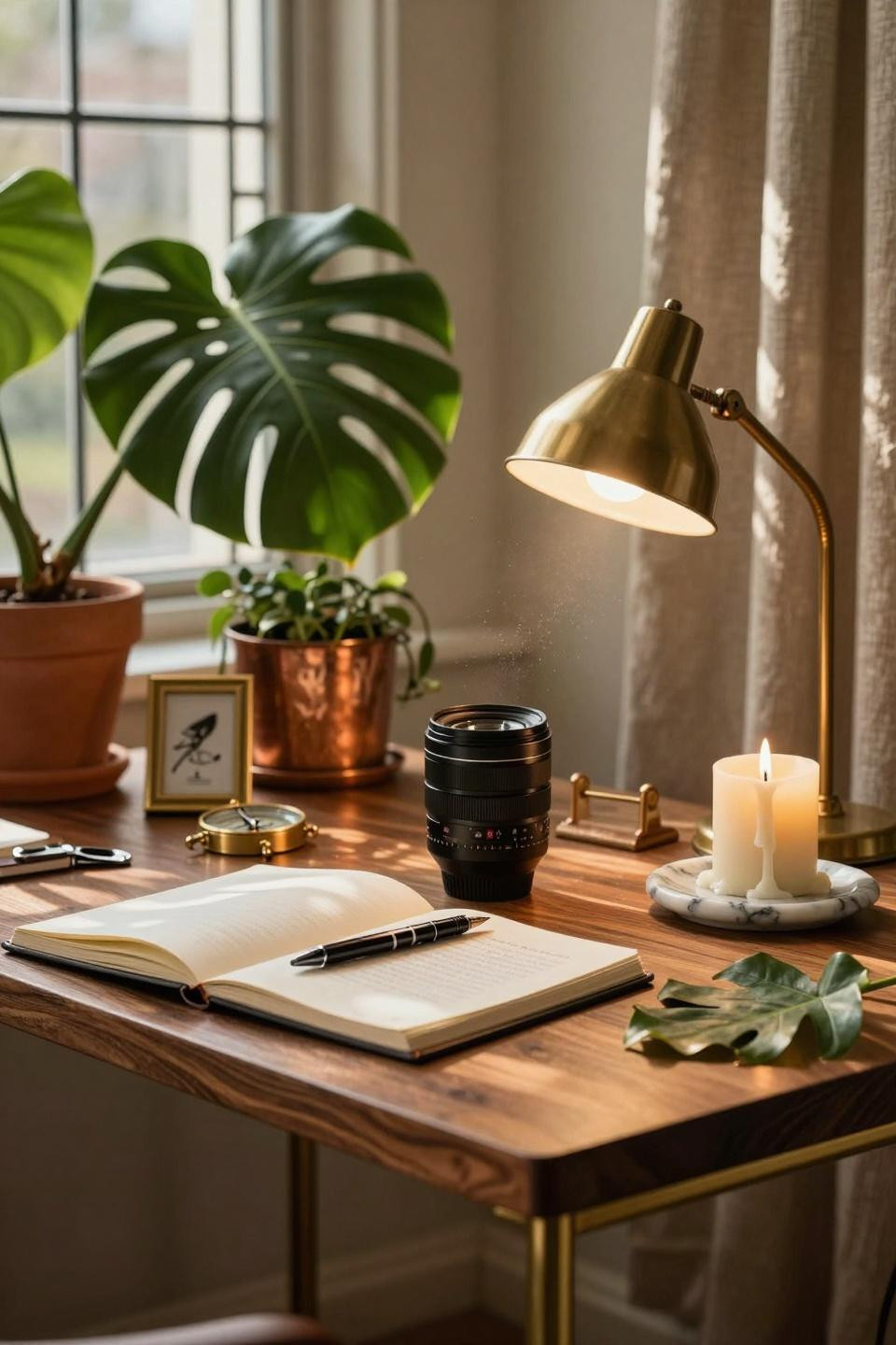 Luxury Dorm Room - walnut desk with brass frames and plants