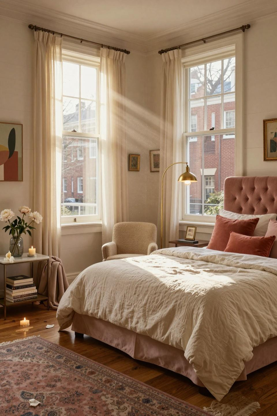 Luxury Dorm Room - blush headboard with brass arc lamp