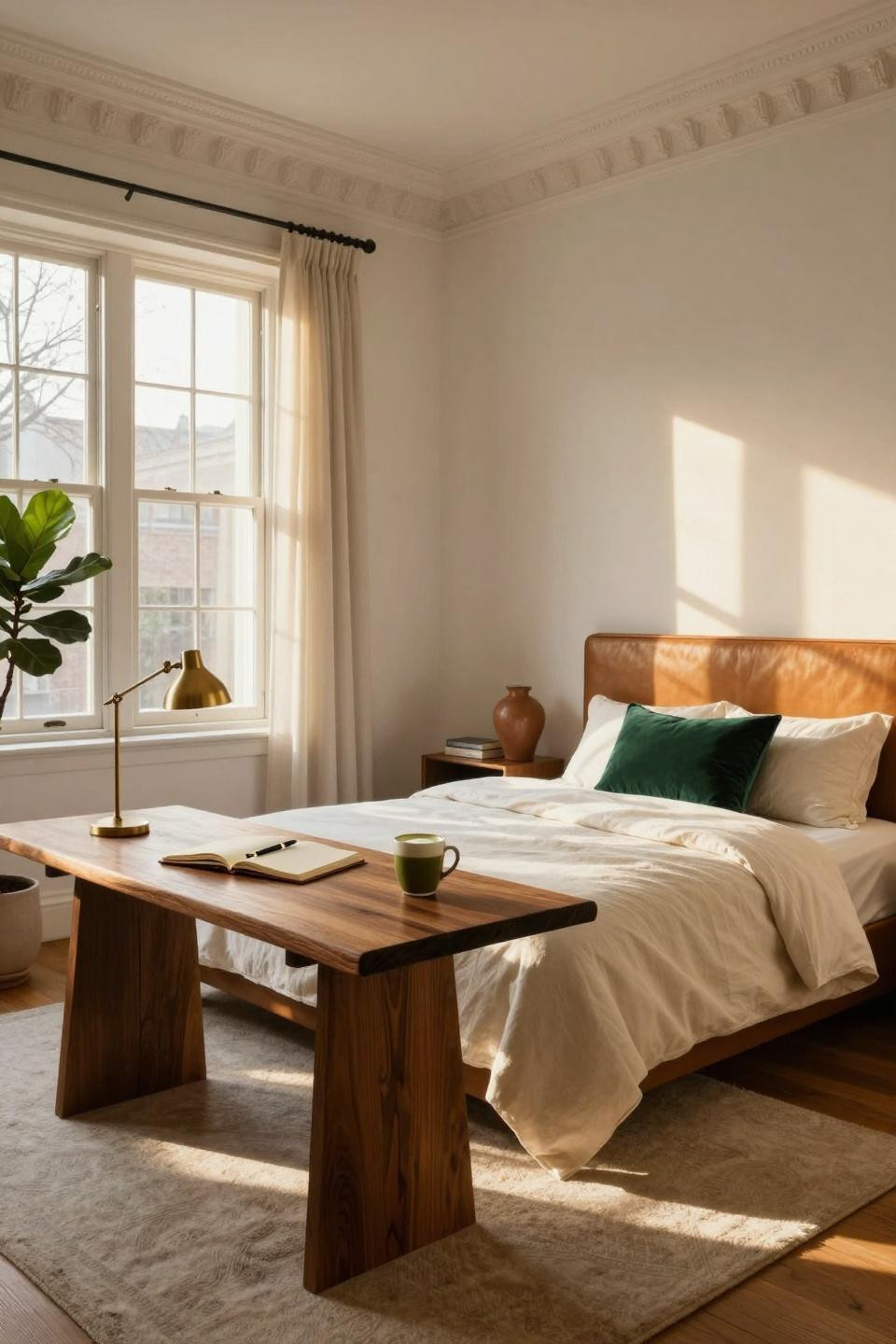 Luxury Dorm Room - caramel leather headboard with emerald accents