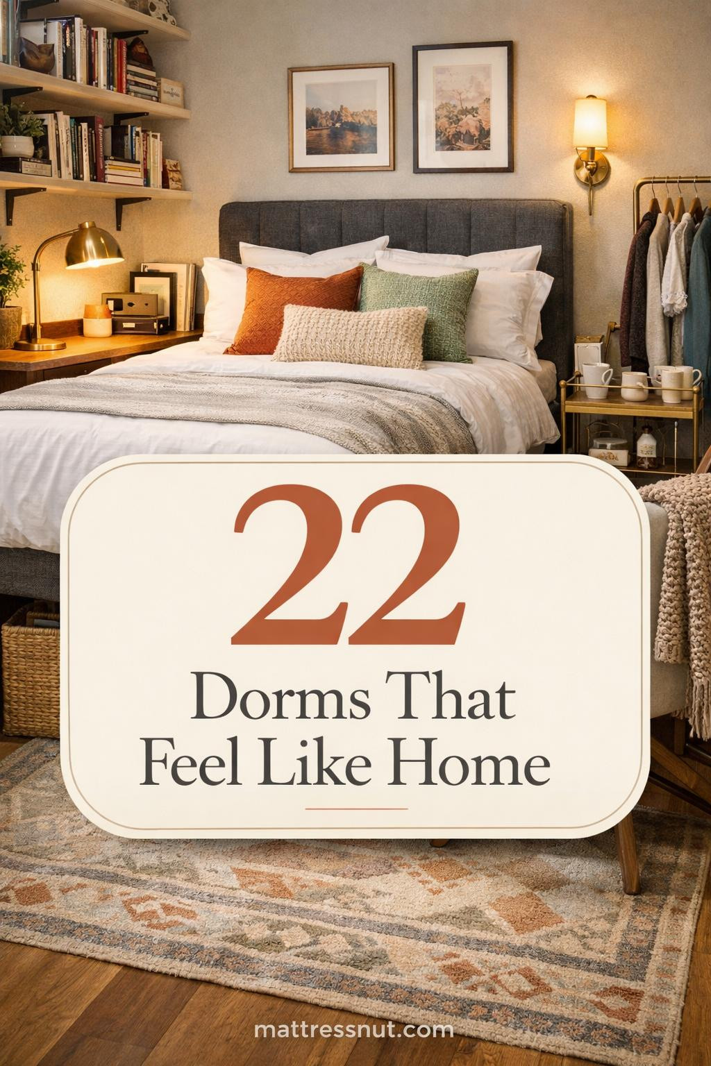 Elegant dorm room featuring plush bedding, soft lighting, decorative pillows, organized desk space, and cozy textiles