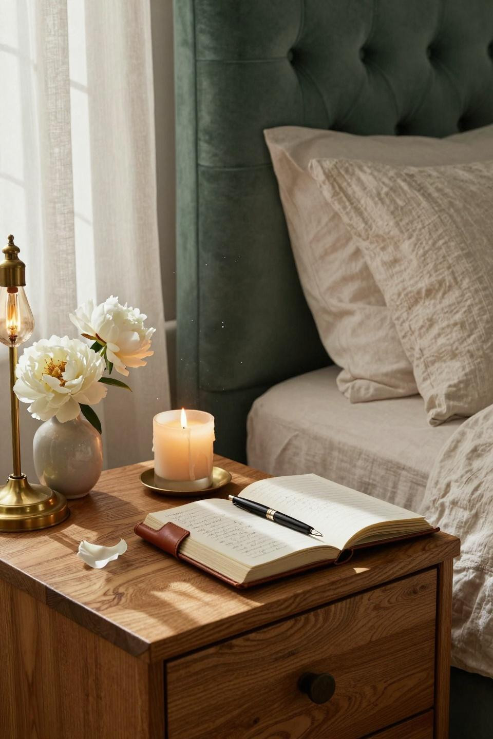 Dorm Room Ideas - sage velvet headboard with nightstand styling