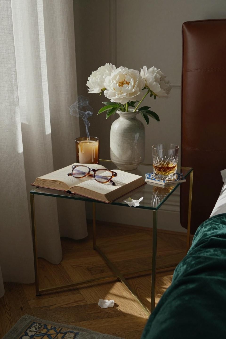 Mansion Bedroom nightstand detail with brass and natural textures