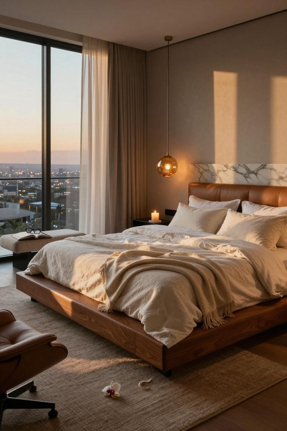 Mansion Bedroom with modern design and cognac leather upholstery