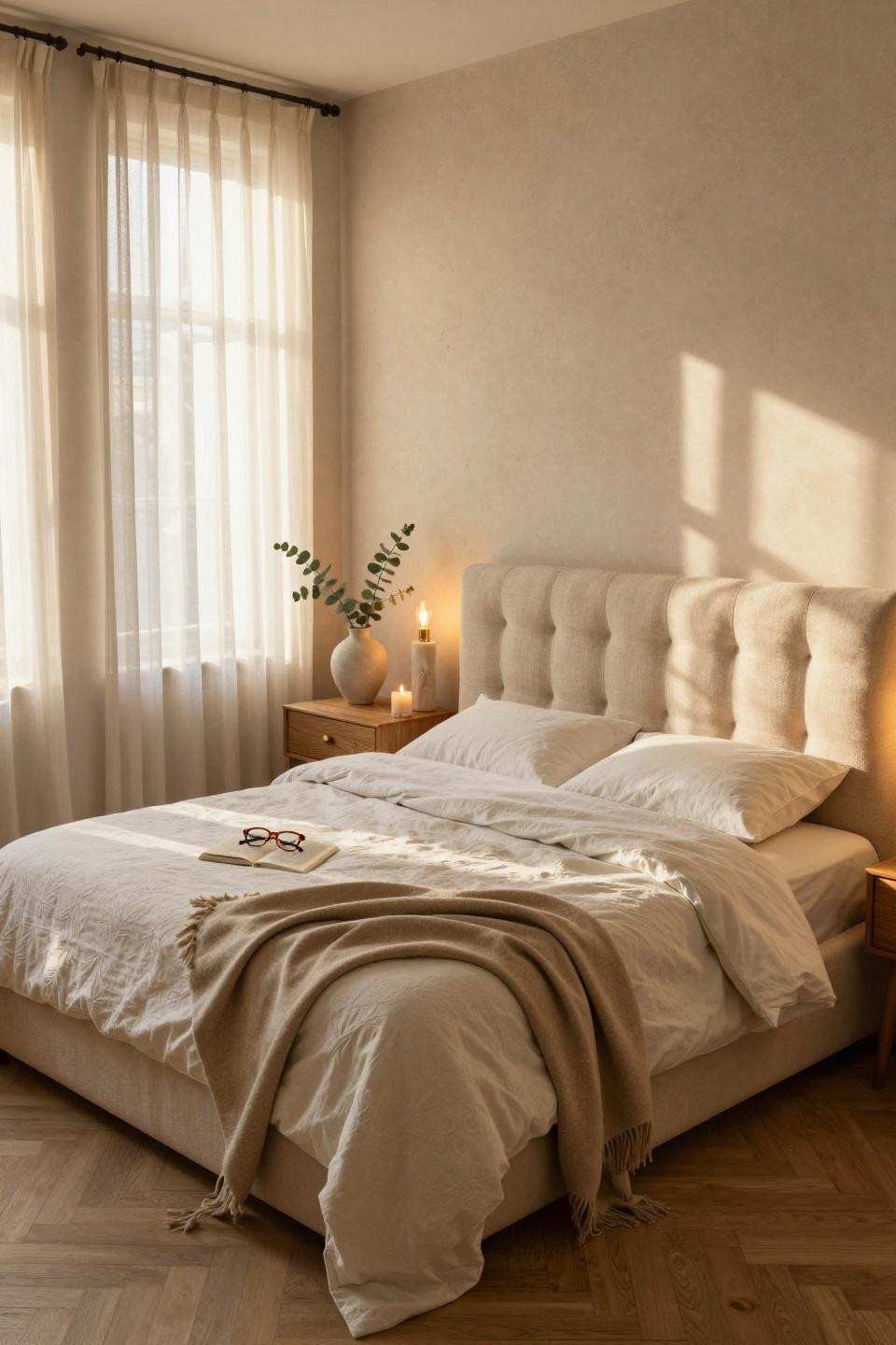 Luxury Bedroom Master featuring oatmeal linen headboard and oak nightstands