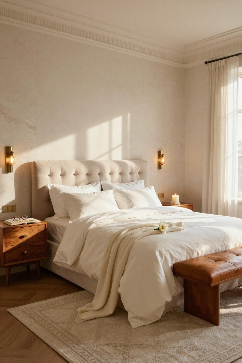 Luxury Bedroom Master with cognac leather bench and upholstered headboard