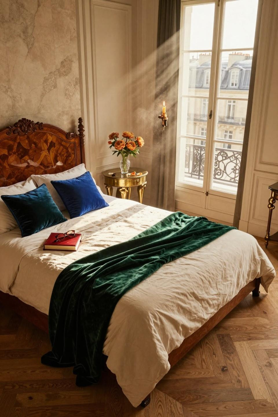 Luxury Bedroom Master with champagne silk velvet upholstered headboard