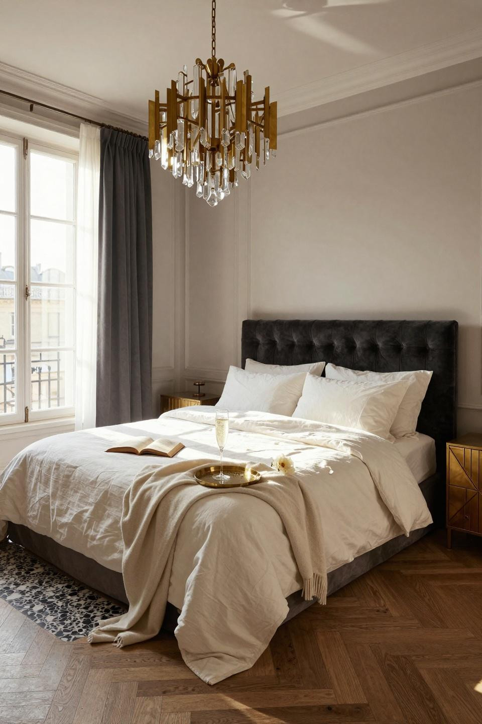 Luxurious Bedrooms Master Romantic - art deco brass inlay with velvet headboard