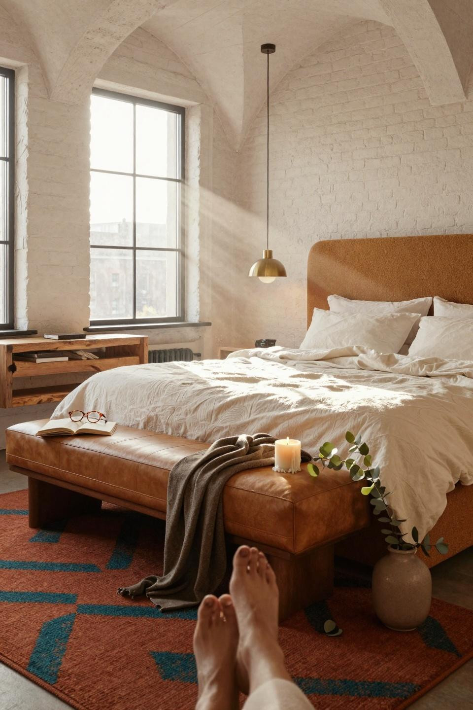 Master Bedrooms Decor - bedroom with caramel bouclé headboard and reclaimed oak nightstands