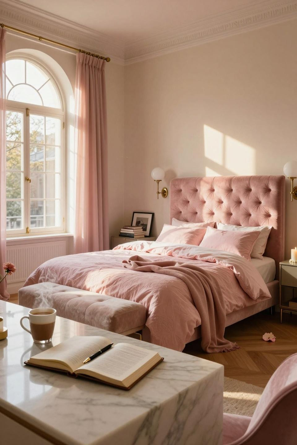 Pink Dorm Rooms - custom upholstered headboard with brass lighting