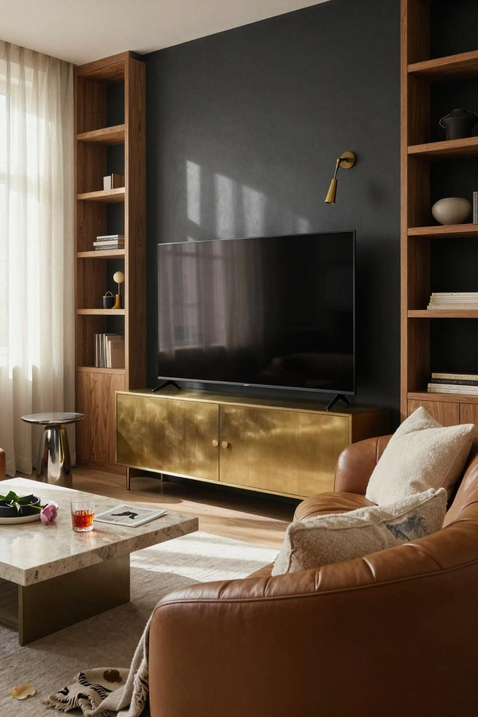 Bar lounge room setup with curved cognac leather sofa