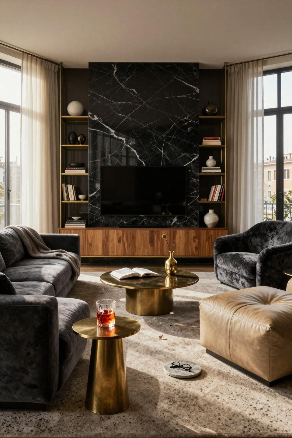 Bar lounge room featuring book-matched black marble media wall
