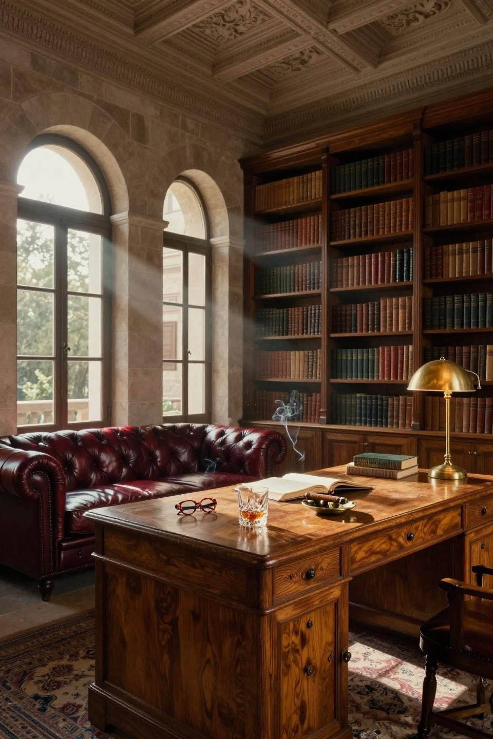 Mansion Aesthetic - masculine study with oxblood leather and walnut