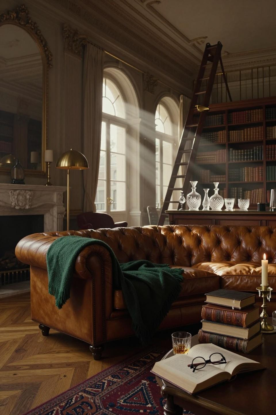 Mansion Aesthetic - intimate library corner with brass lamp and leather sofa