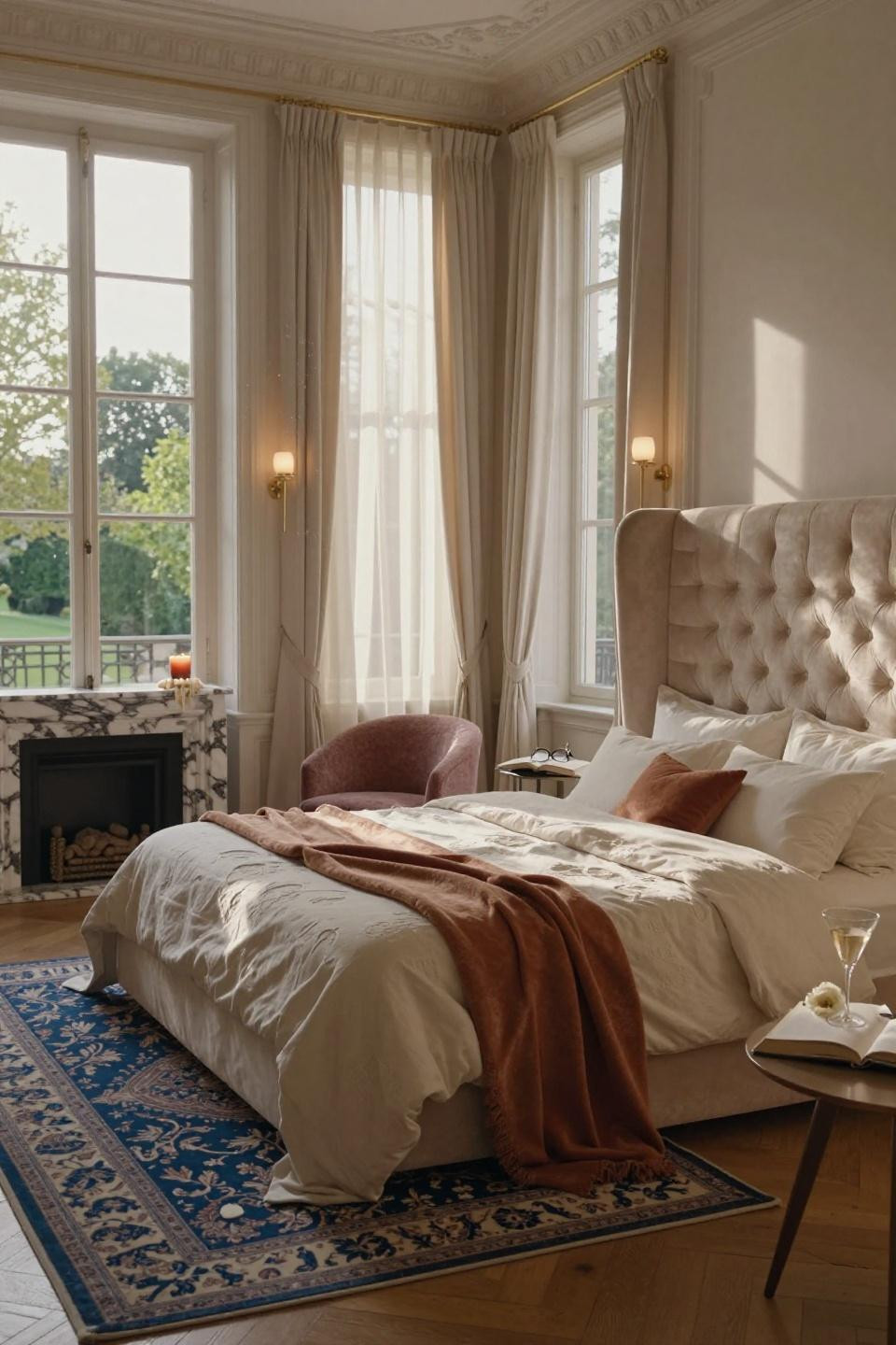 Mansion Bedroom featuring sapphire accents and luxurious velvet