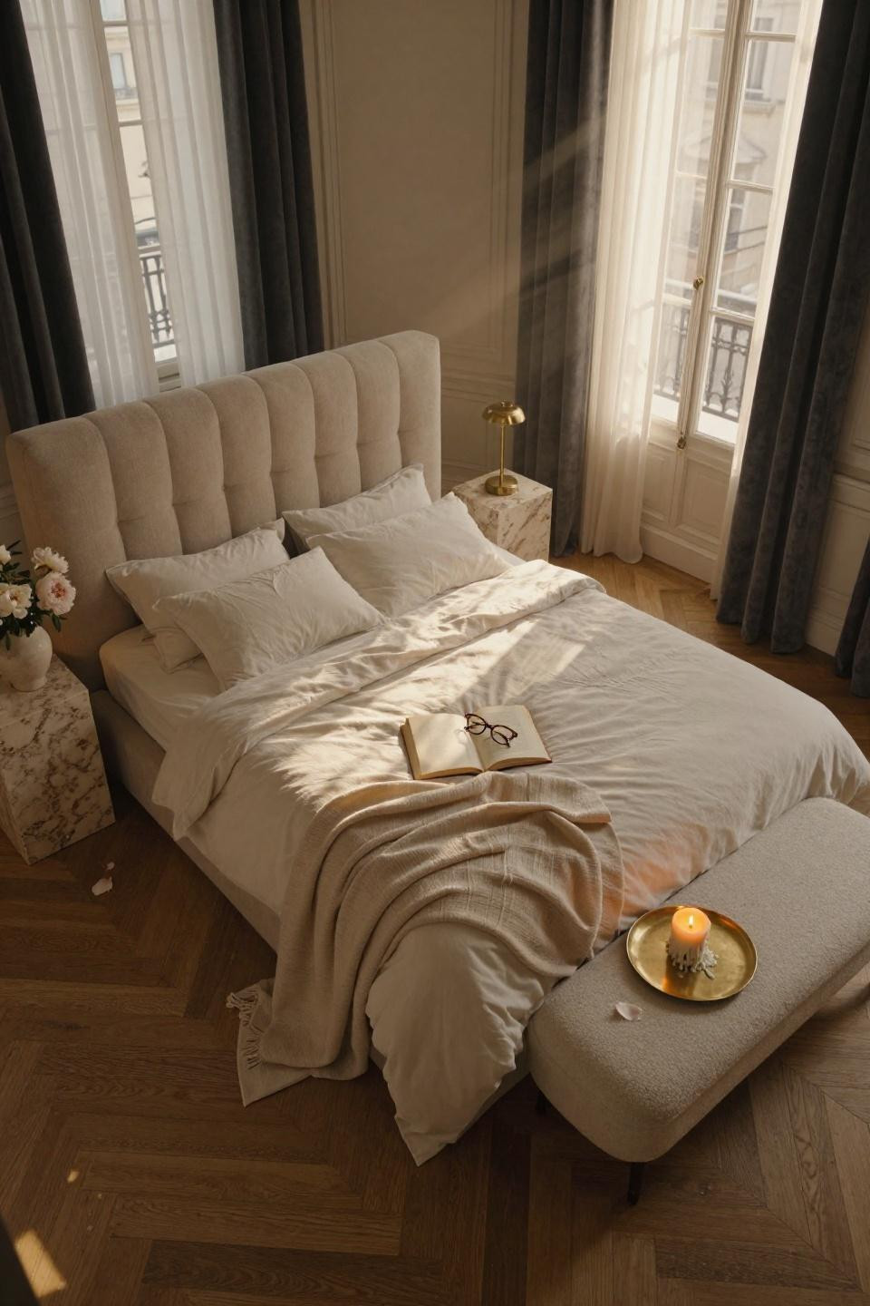 Mansion Bedroom with herringbone floors and champagne accents