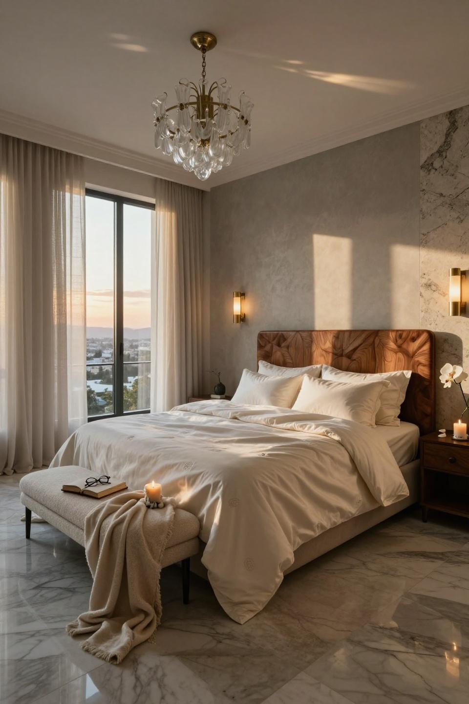 Mansion Bedroom with marble floors and Murano glass lighting