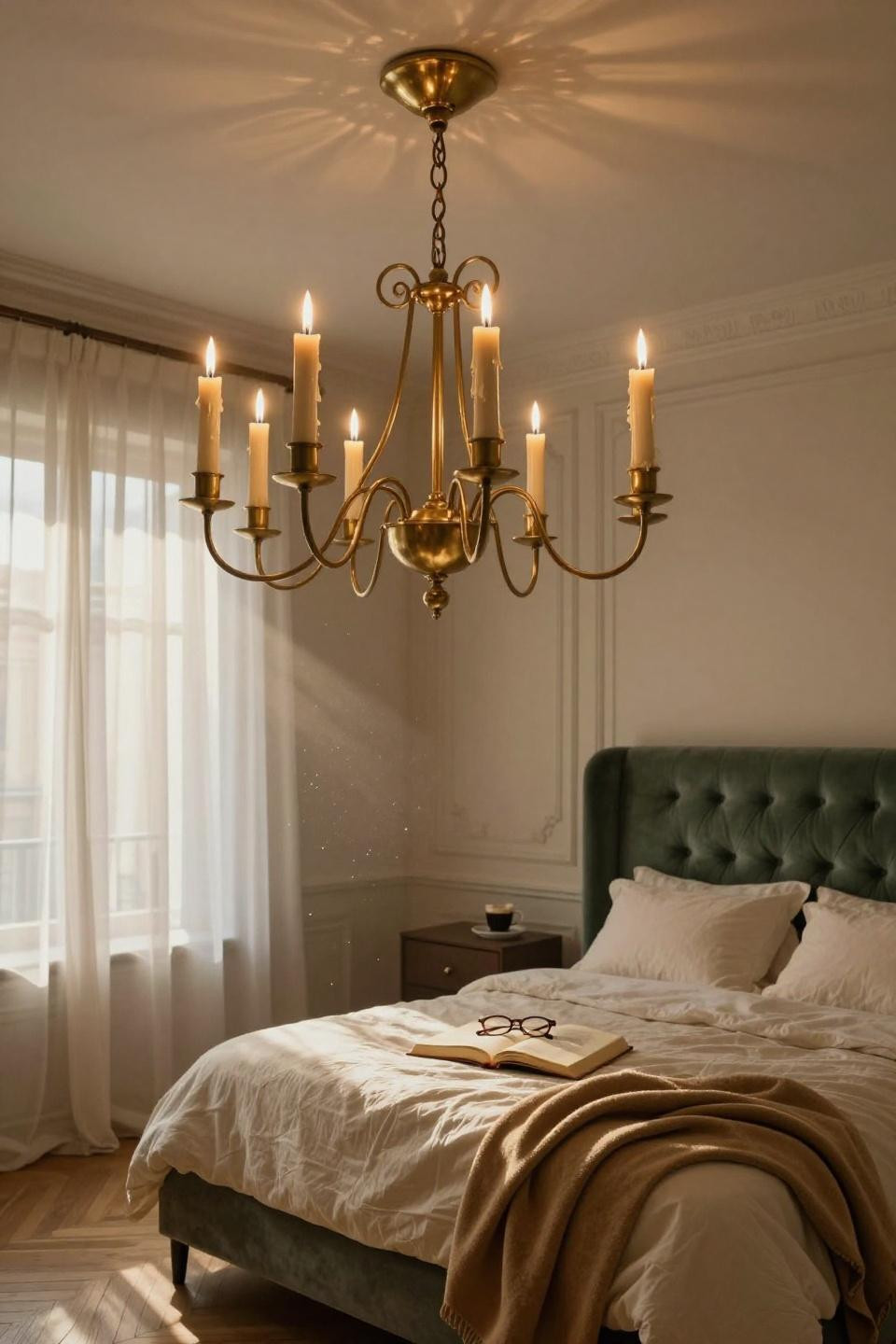 Mansion Bedroom with sage velvet and brass chandelier