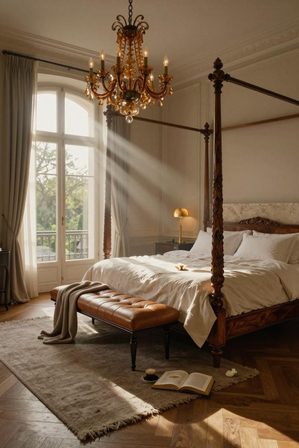 Mansion Bedroom featuring Murano glass chandelier and four-poster elegance