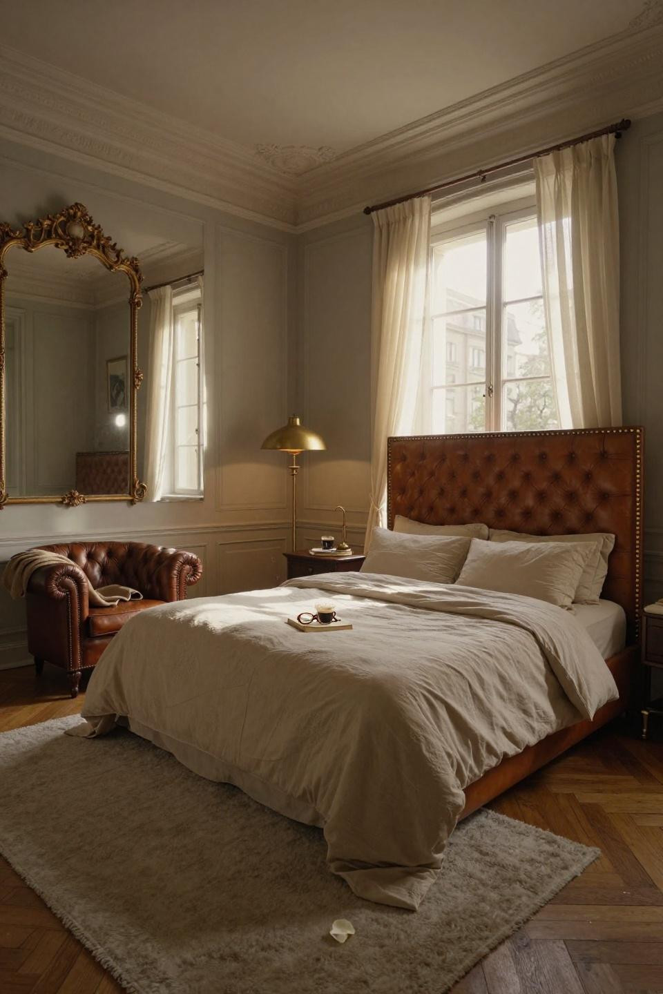 Mansion Bedroom with gilded mirror and vintage leather furniture