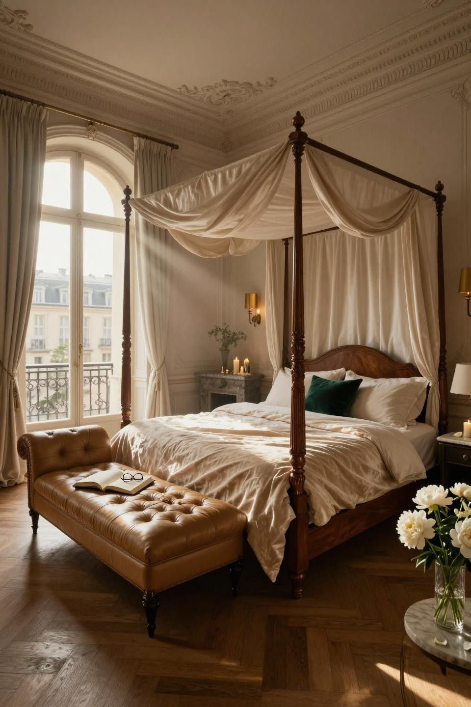 Mansion Bedroom featuring four-poster bed and emerald accents