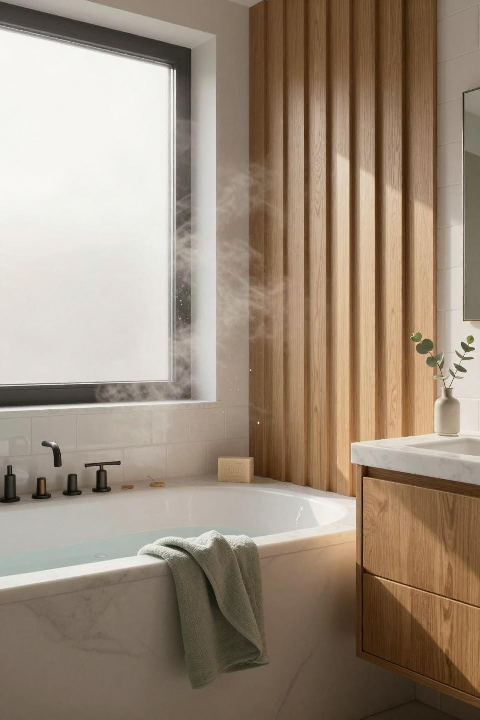 Master Bath Ideas - minimalist oak panels with frosted glass